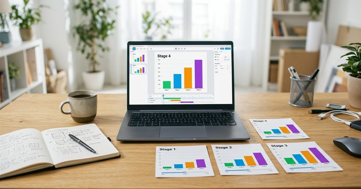 Laptop showing several bar chart screenshots being combined into an animated chart GIF with a free online GIF maker