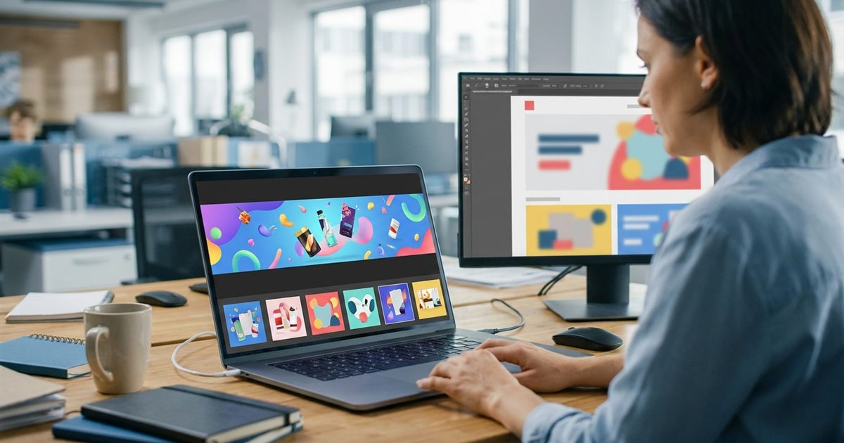 Marketer reviewing a wide animated GIF banner ad on a laptop with frame thumbnails and a file size checker