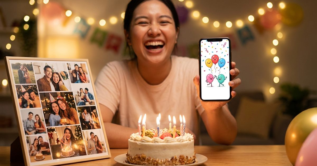 Colorful birthday card photos with balloons and confetti arranged as frames of an animated GIF greeting