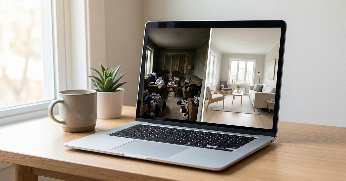 Laptop displaying a before and after comparison of a cluttered and a renovated living room for a GIF