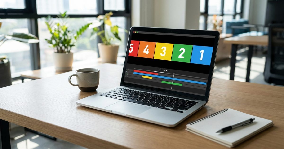 Laptop showing numbered frames from five to one being combined into a countdown GIF with a free online GIF maker