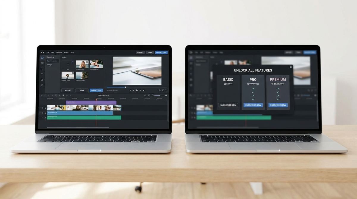 Side by side comparison of a free browser-based GIF maker interface and a paid desktop GIF software subscription screen