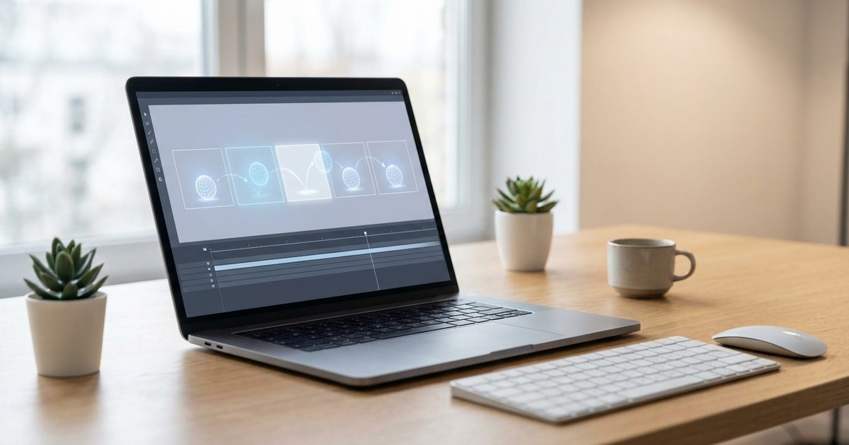 Laptop showing a row of animation frames on a timeline, illustrating GIF frame rate settings