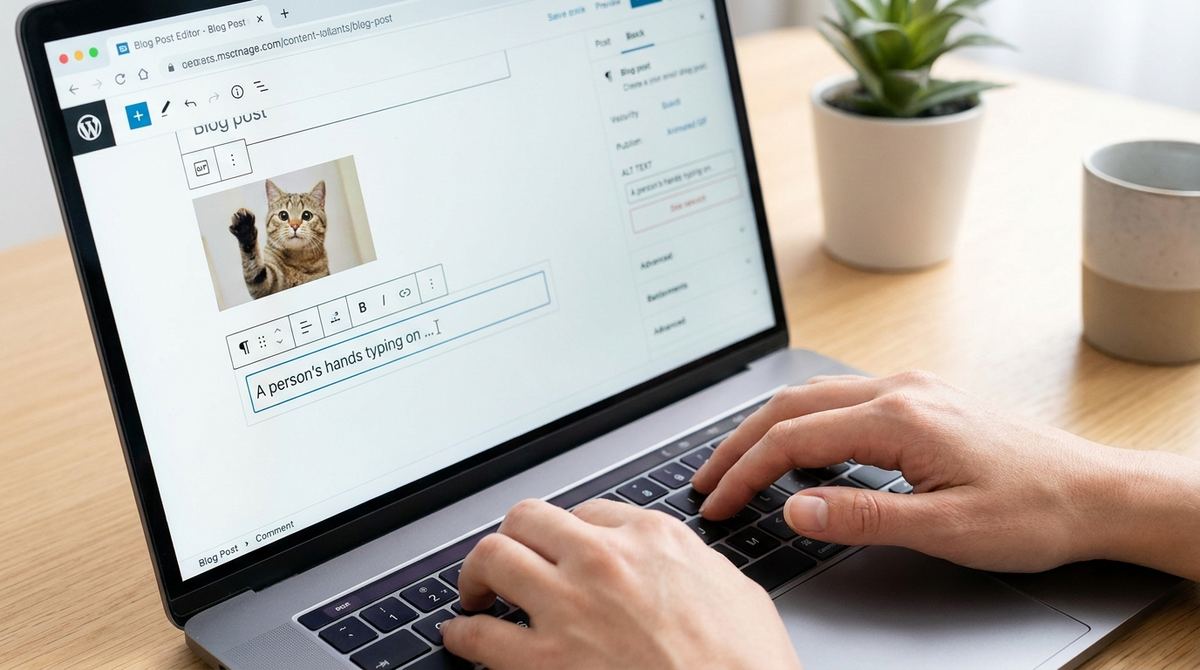 Website blog editor showing an animated GIF with alt text and a descriptive file name being added