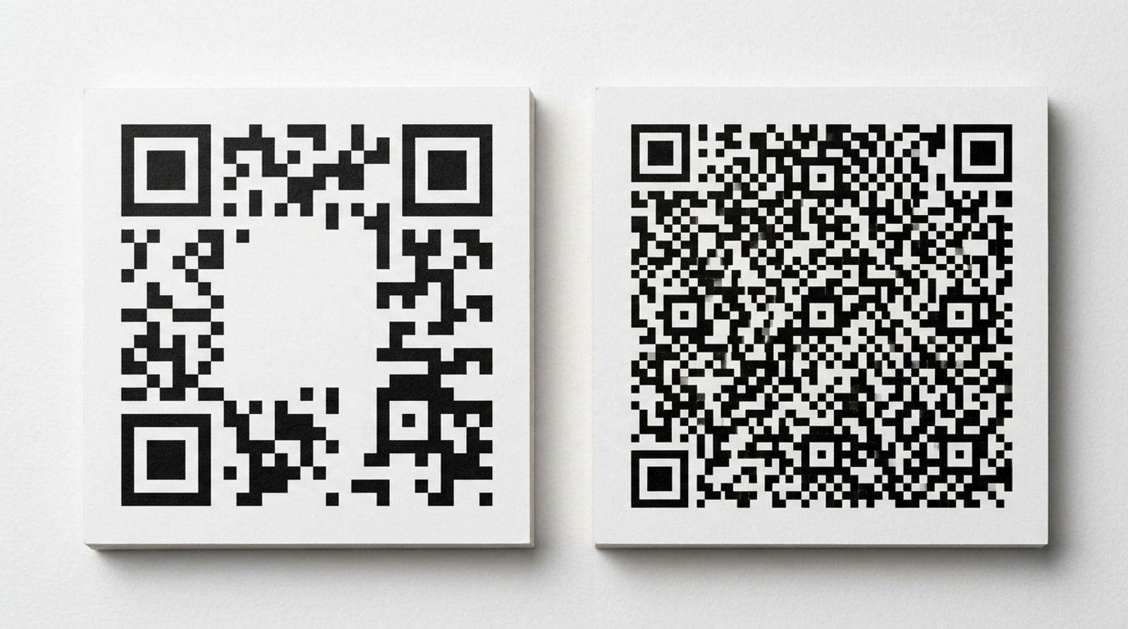 Dense versus simple QR code patterns showing how more encoded data increases pattern complexity