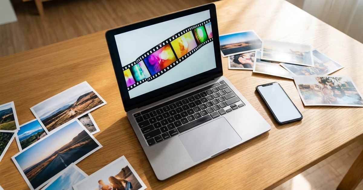 Laptop showing a film strip of colorful frames surrounded by printed photos and a smartphone on a wooden desk