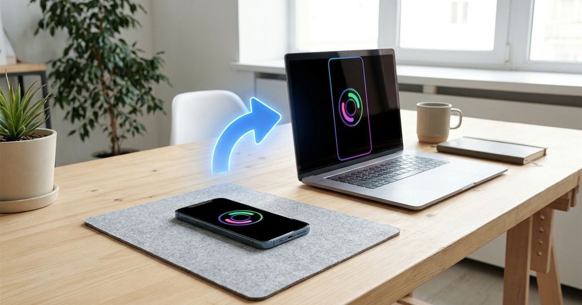 Smartphone on a desk and a laptop showing the same animation turned upright with a glowing rotate arrow between them