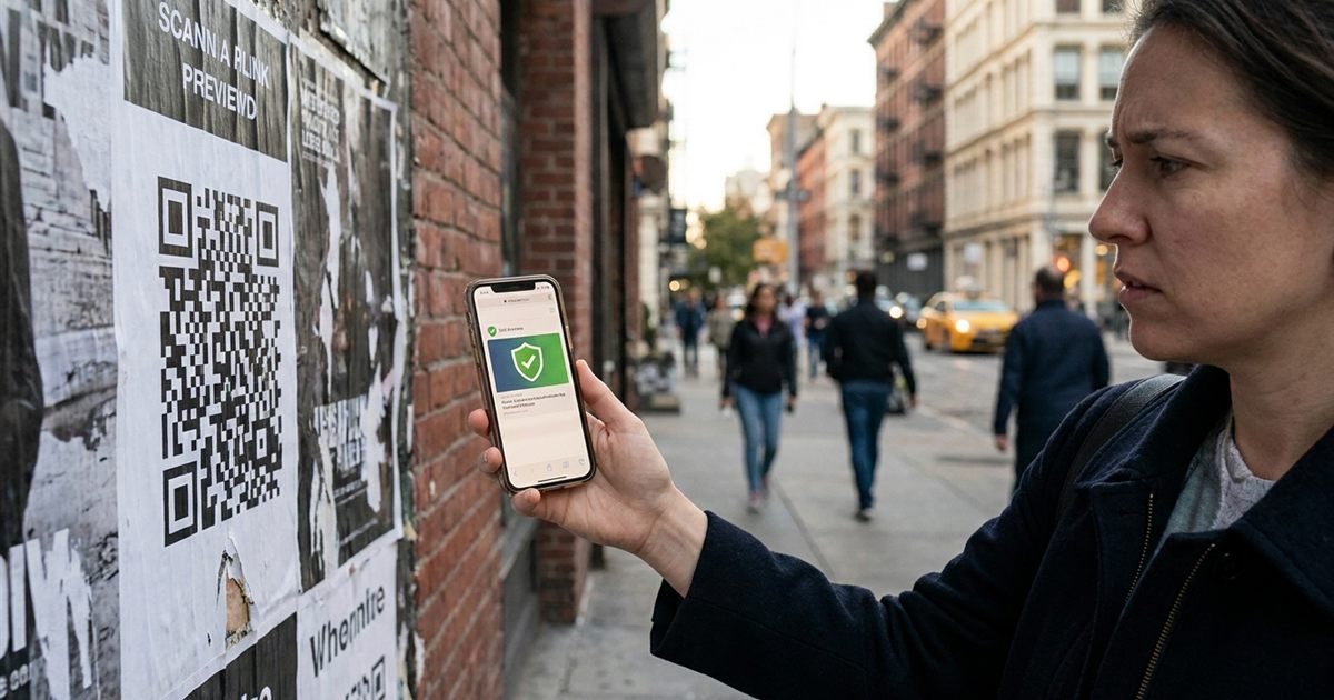 Person checking a link preview on a phone screen after scanning a printed QR code on a poster to see if the QR code is safe