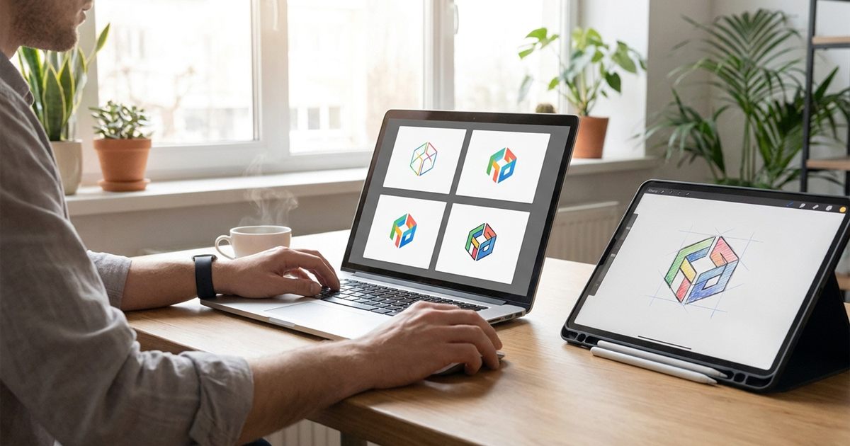 Designer arranging logo frames on a laptop to build an animated logo GIF with a free GIF maker