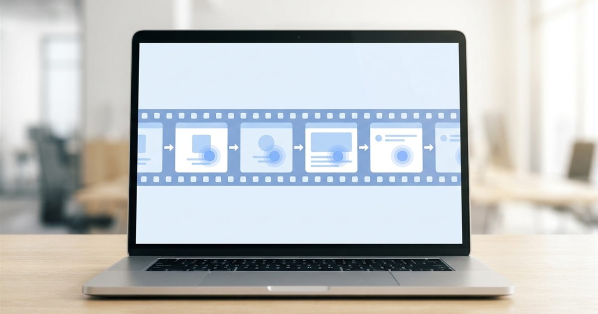 Laptop screen showing a series of app screenshots arranged as frames of a step by step tutorial GIF