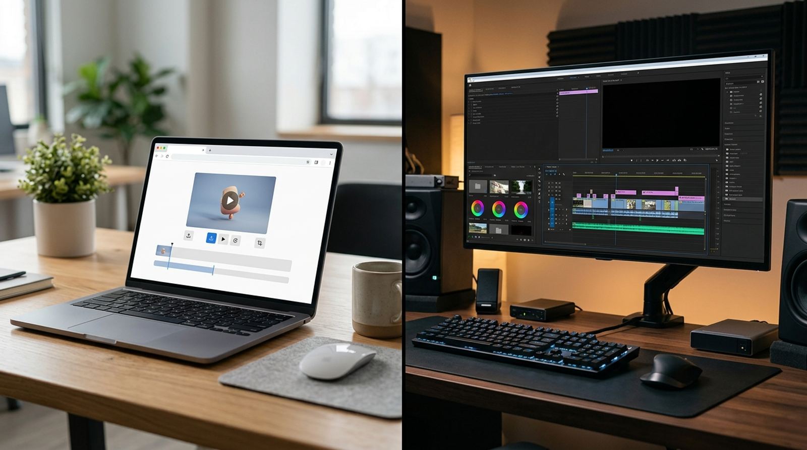 Browser window with a GIF maker tool next to a desktop application icon, comparing both options