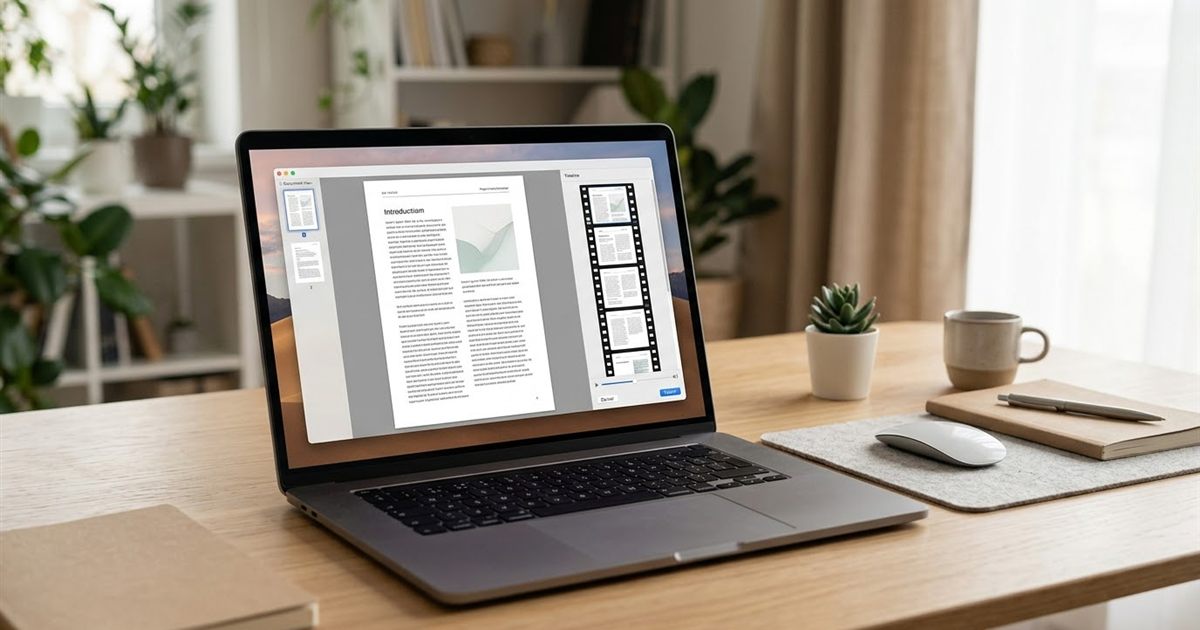 Laptop showing PDF pages being converted into frames of an animated GIF with a free online GIF maker