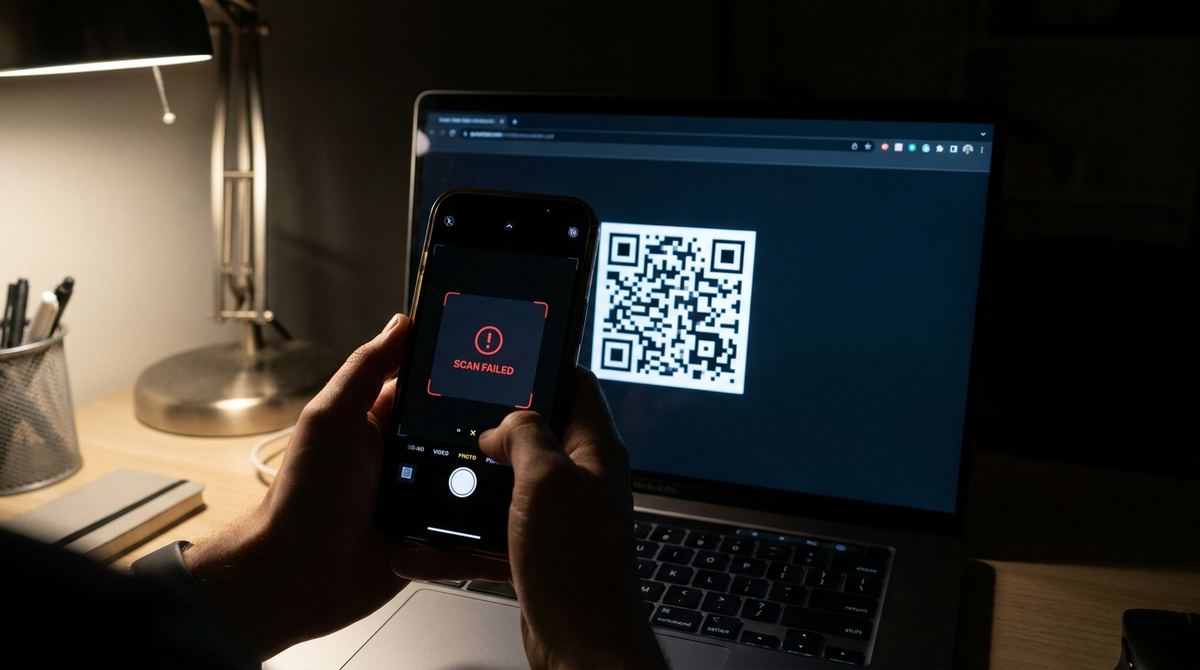 Phone camera failing to scan a QR code displayed in an inverted white-on-black dark mode color scheme