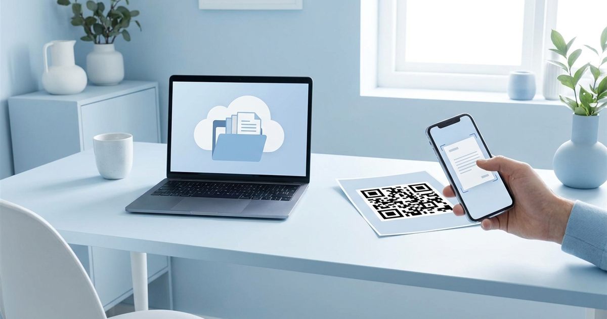 Laptop showing a shared folder link next to a printed QR code that opens a Google Drive or Dropbox file when scanned by a phone