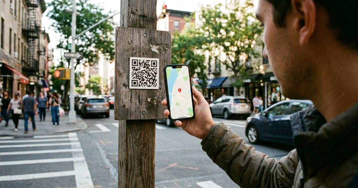 Smartphone scanning a QR code on an outdoor sign and opening a map with a location pin