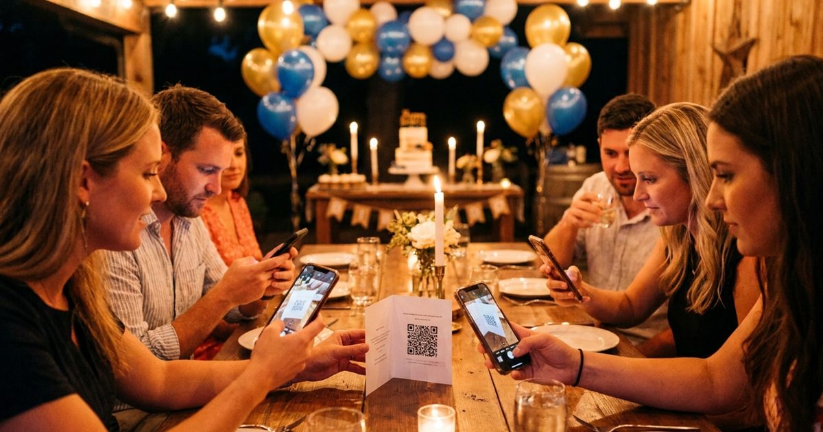 Guests at a party scanning a QR code on a table card with their phones to open a shared photo album