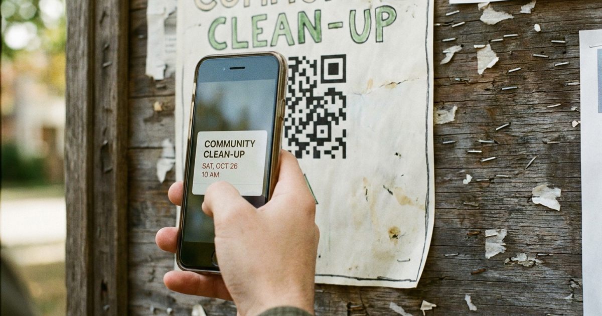 Smartphone scanning a QR code on an event poster that adds the event details to the phone calendar