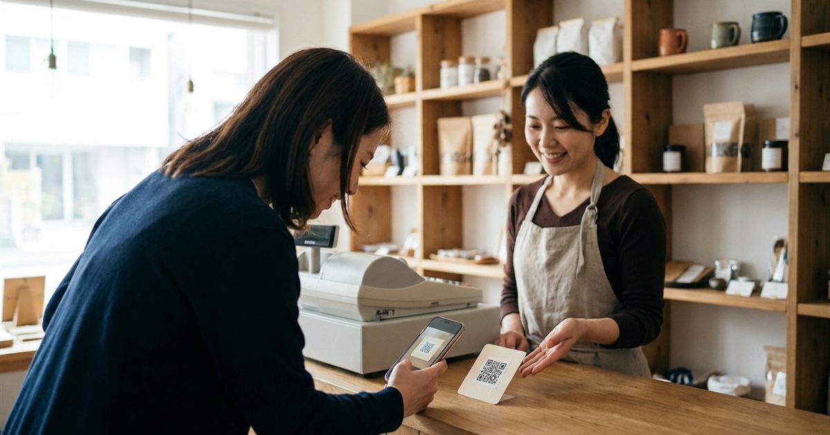 Shop counter with a printed coupon card showing a QR code that a customer scans with a smartphone for a discount