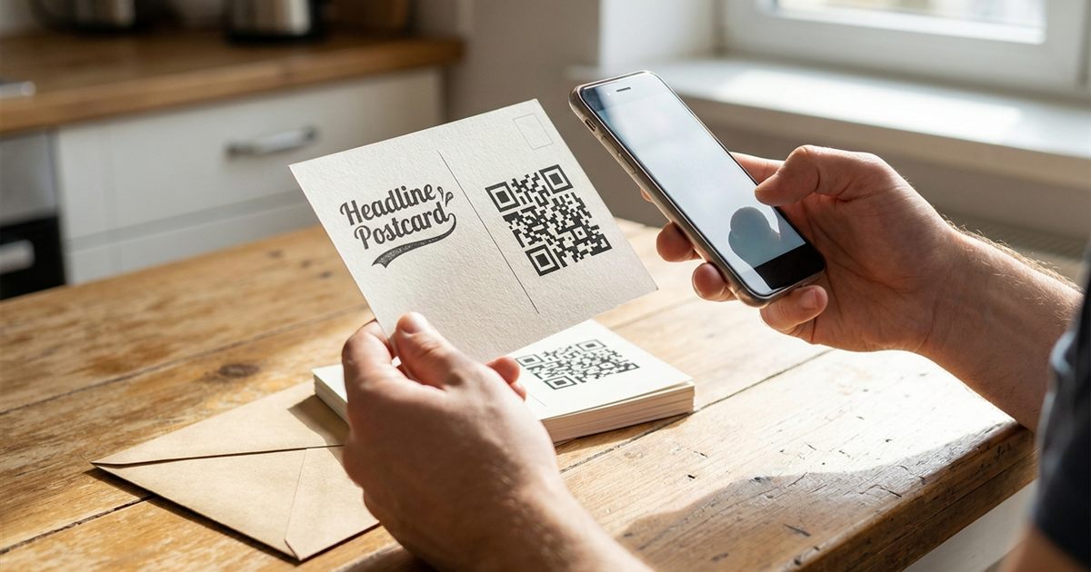 Printed postcard with a QR code in a clear white area beside a short call to action, next to a laptop showing a QR code generator