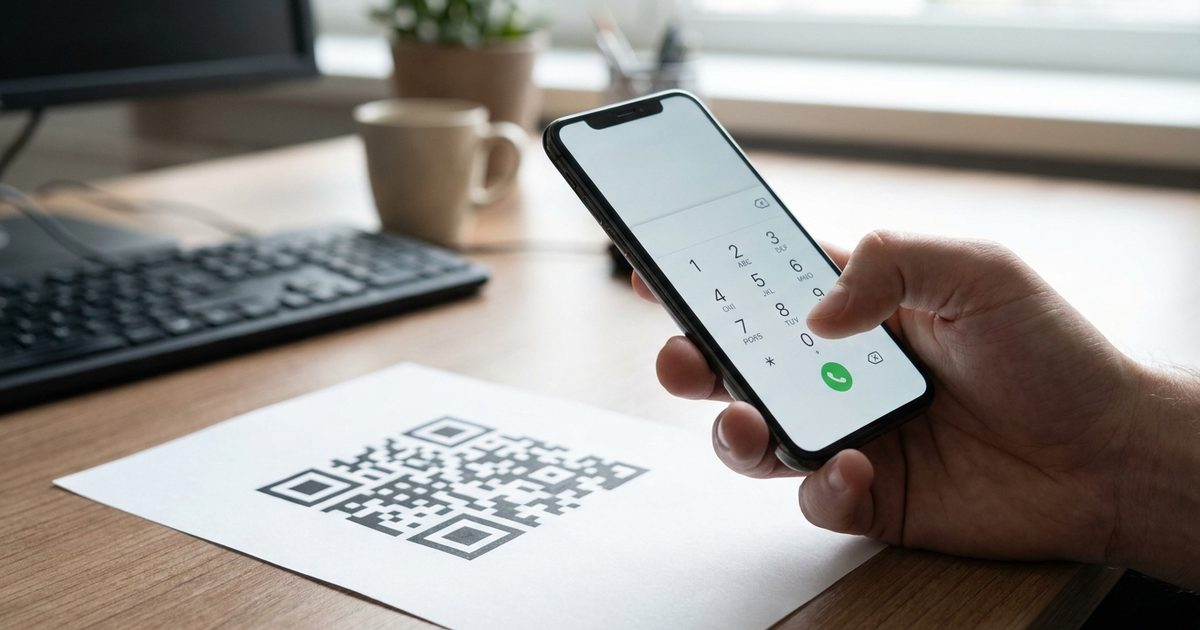 Person holding a smartphone with a dialer keypad beside a printed QR code on a desk