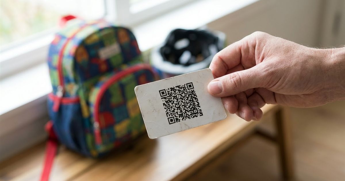 Wallet-sized emergency contact card with a printed QR code next to a QR code generator showing a phone number link