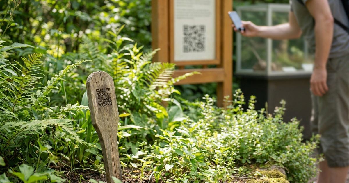 Plant label with a QR code in a garden bed and a visitor scanning an exhibit sign with a smartphone