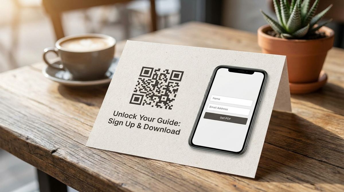 Printed flyer with a QR code linking to a downloadable PDF lead magnet guide