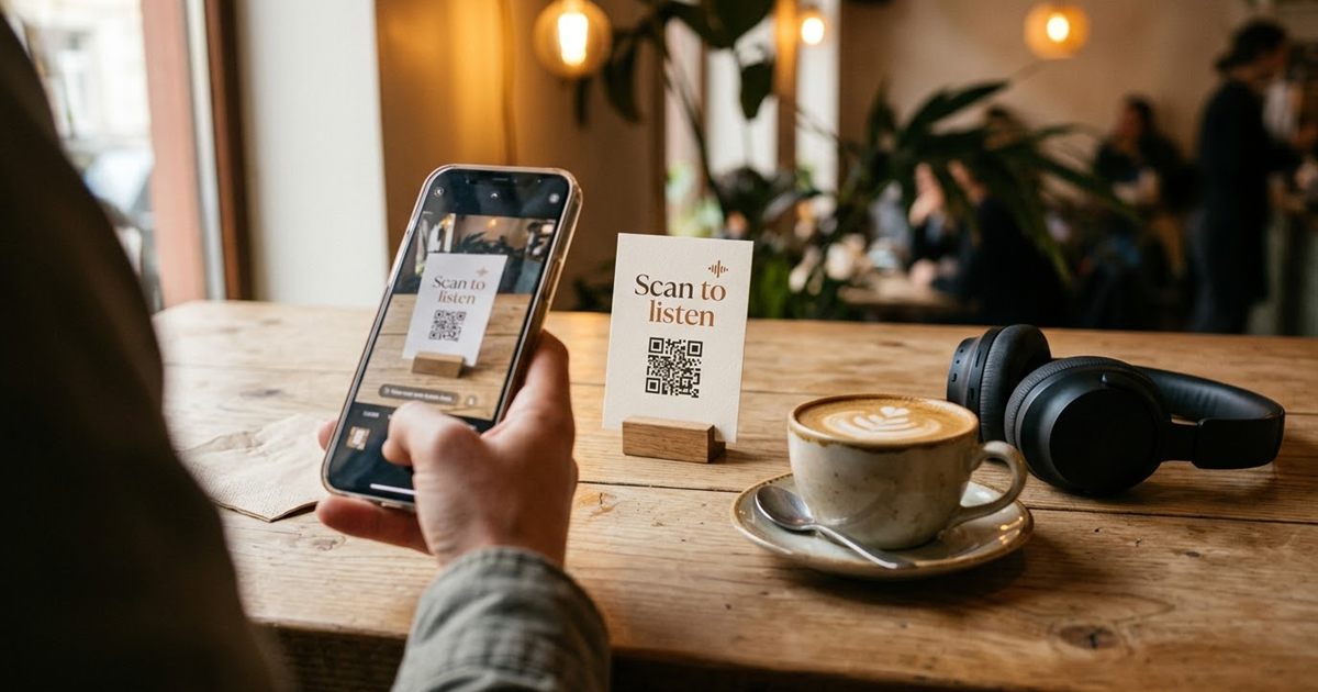 Table card with a QR code that opens a shared music playlist when scanned with a phone camera