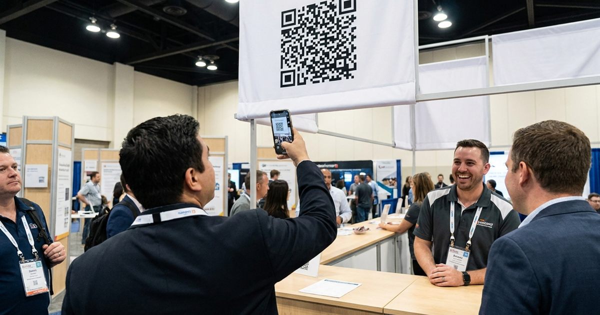 Trade show booth with a large banner QR code and an attendee scanning a name badge QR code with a phone