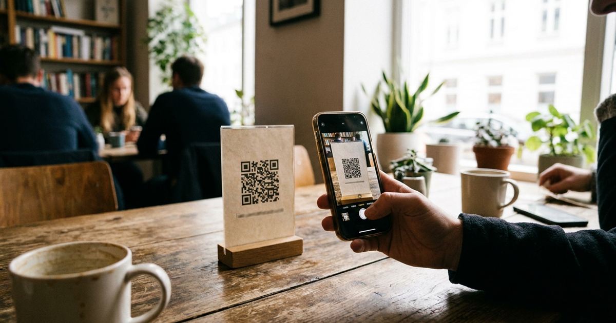 Hand holding a smartphone to scan a QR code on a small cafe table sign