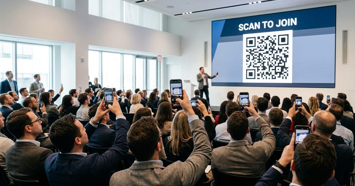 Presentation slide with a QR code that joins an online meeting when scanned with a phone camera