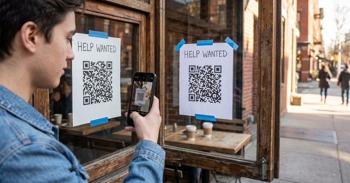 Cafe window with a help wanted sign that includes a large QR code and a person scanning it with a smartphone