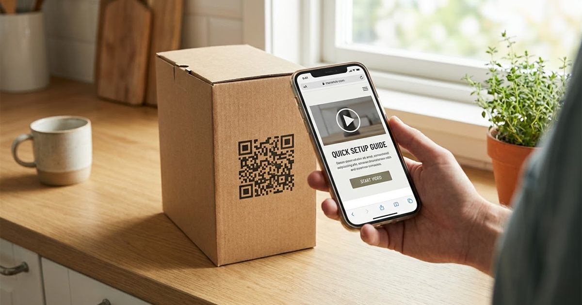 Product box with a QR code leading to the user manual and warranty registration page, made with a free QR generator
