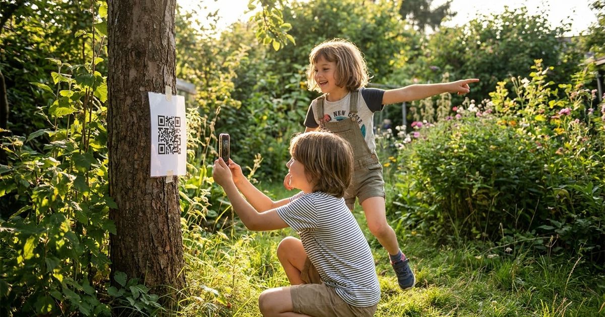 Children scanning QR code clue cards hidden around a garden during a scavenger hunt, made with a free QR code generator