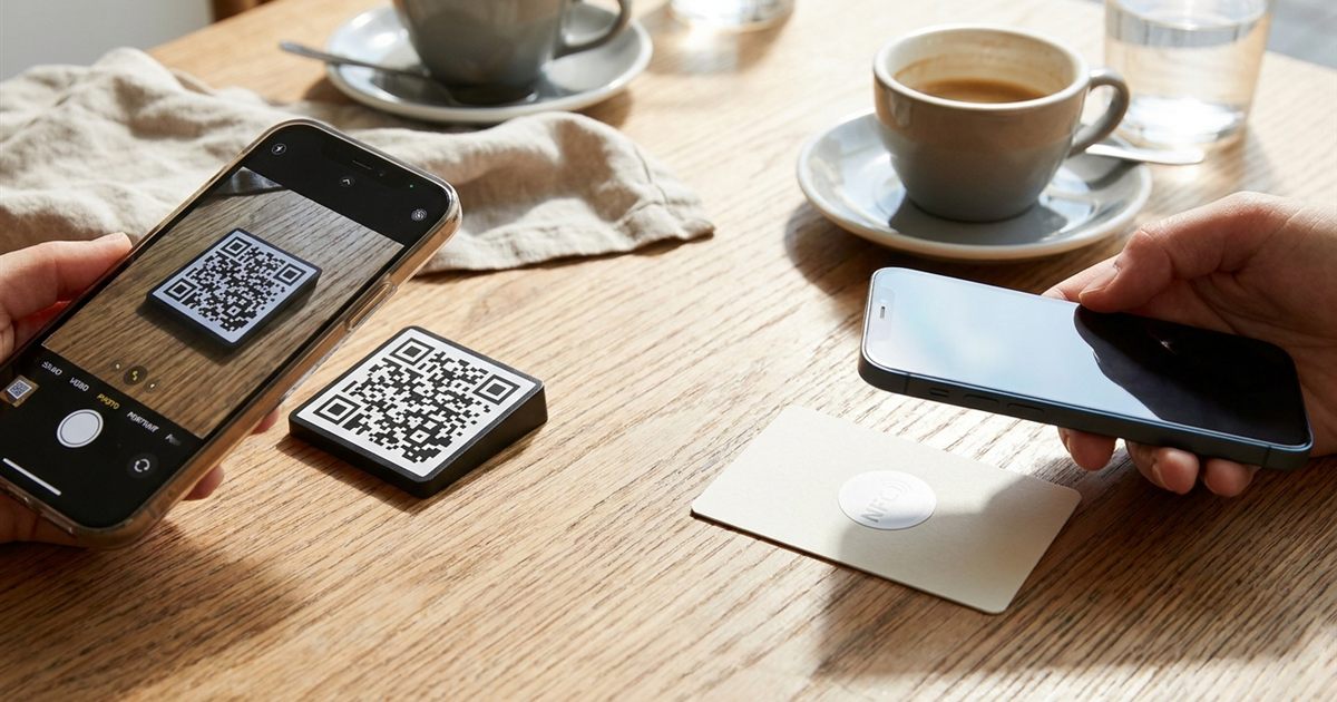 Phone scanning a printed QR code next to a phone tapping an NFC tag on a table, comparing QR code and NFC tag options