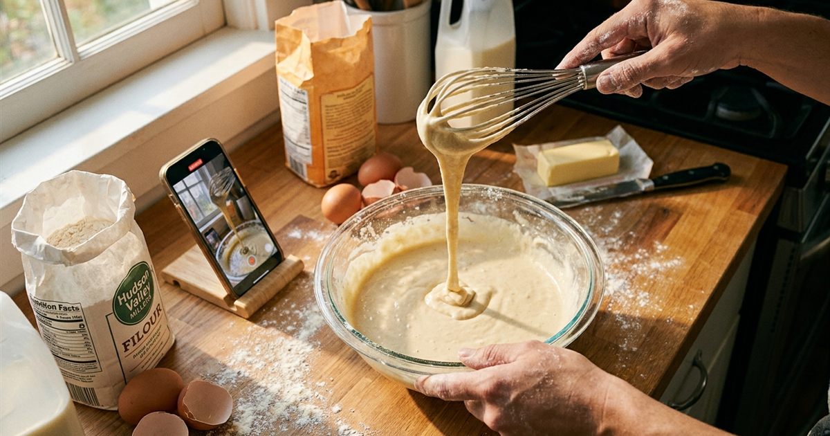 Home cook preparing a recipe step with a phone camera on a stand to make a short looping recipe GIF for a food blog