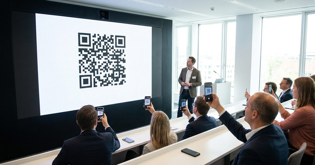 Presentation slide on a large screen showing a QR code that audience members scan with their phones