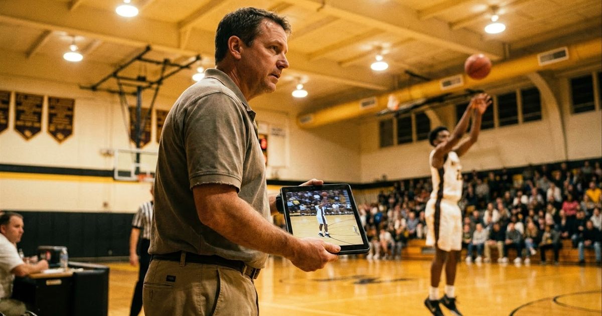 Coach reviewing a looping slow motion GIF of an athlete jump on a tablet next to a basketball court