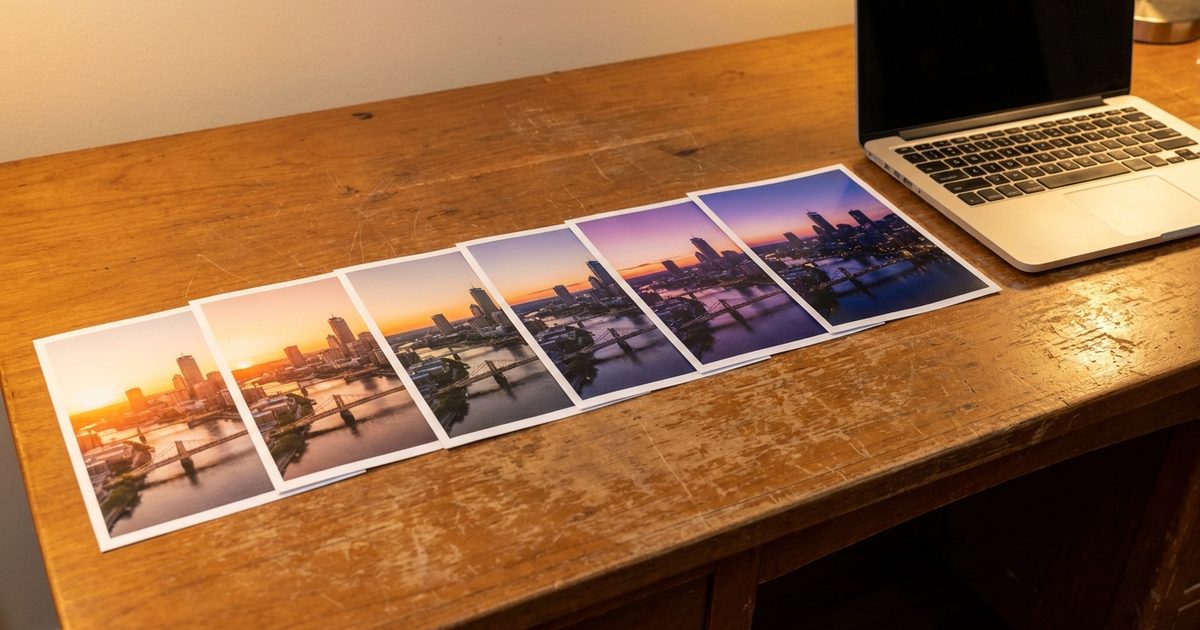 Series of six skyline photos from sunrise to sunset laid out beside a laptop for a time-lapse GIF