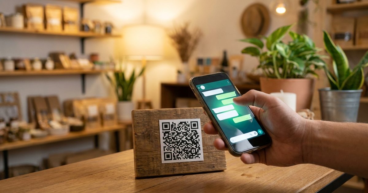 Hand scanning a QR code on a small shop counter sign with a smartphone to open a chat